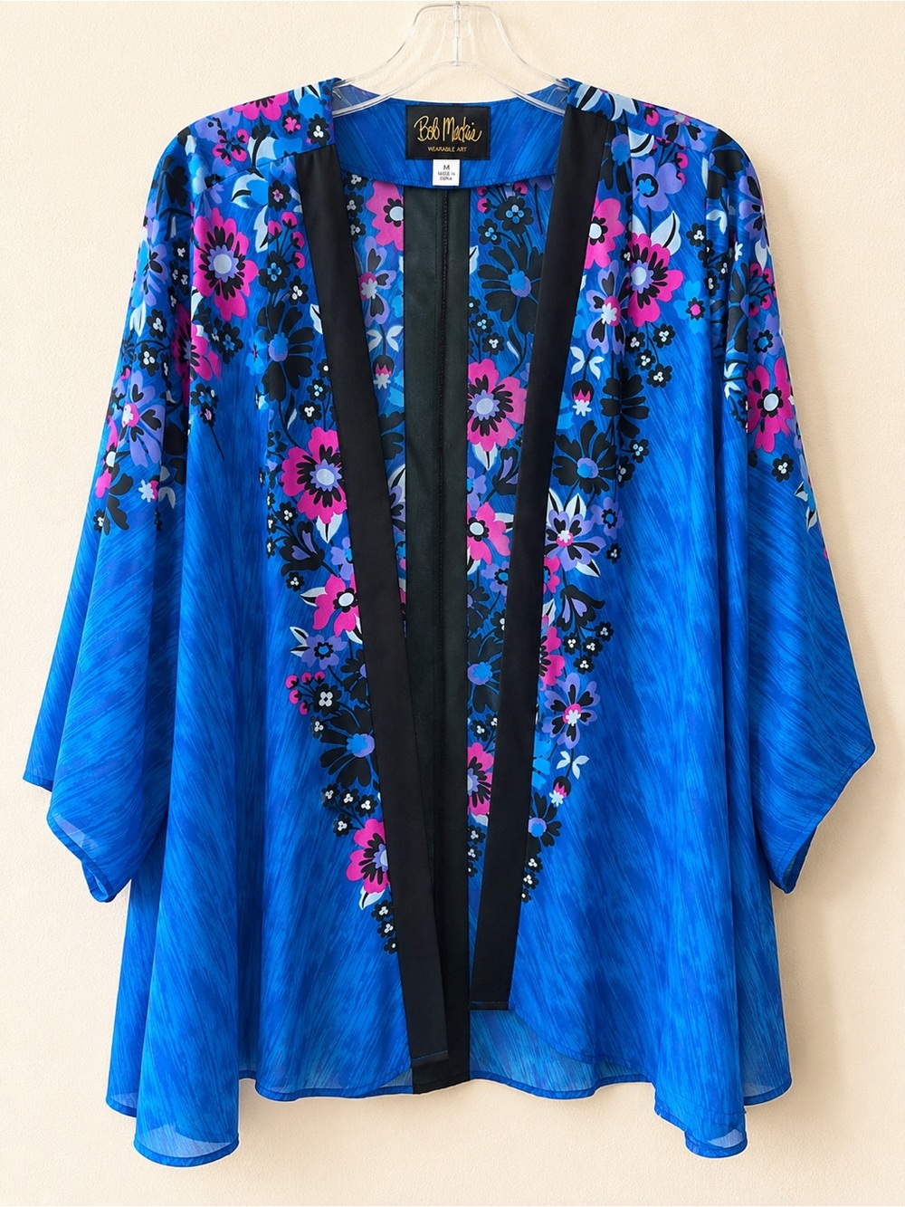 Bob Mackie Blue Floral Kimono Jacket Sz M 60s 70s Vibe